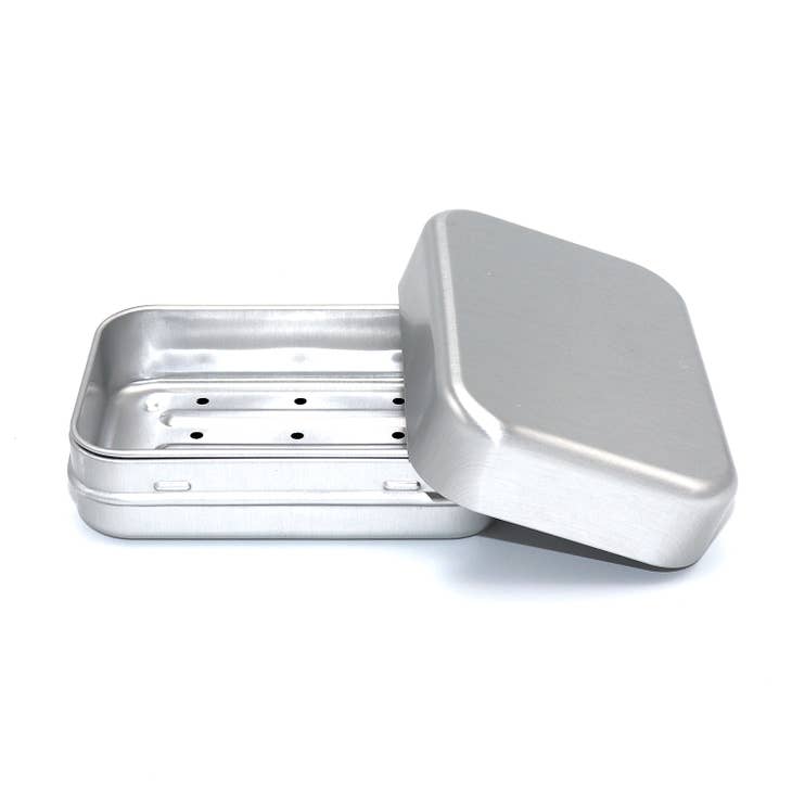 Aluminum Travel Soap Case, shown open with lid on right side.