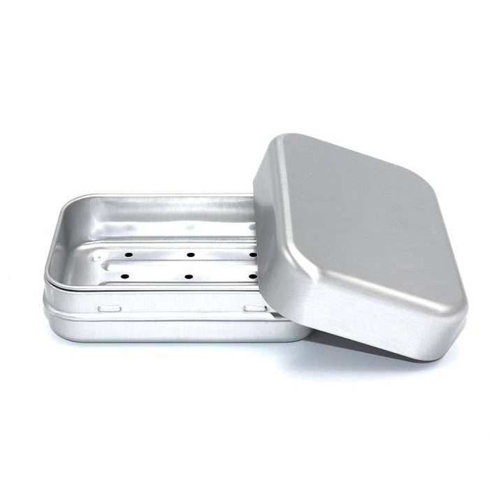 Aluminum Travel Soap Case, shown open with lid on right side.