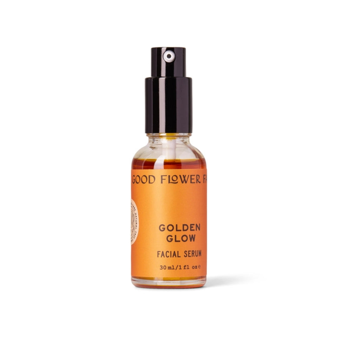 Golden Glow Facial Serum in glass bottle with pump.