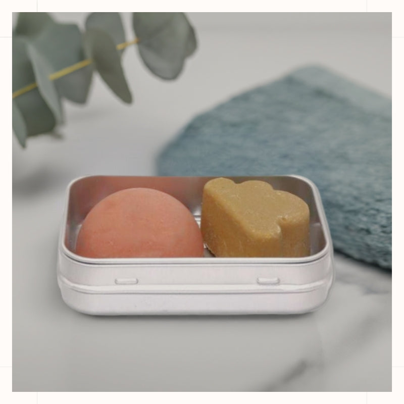 Aluminum Travel Soap Case, shown with 2 small soaps.