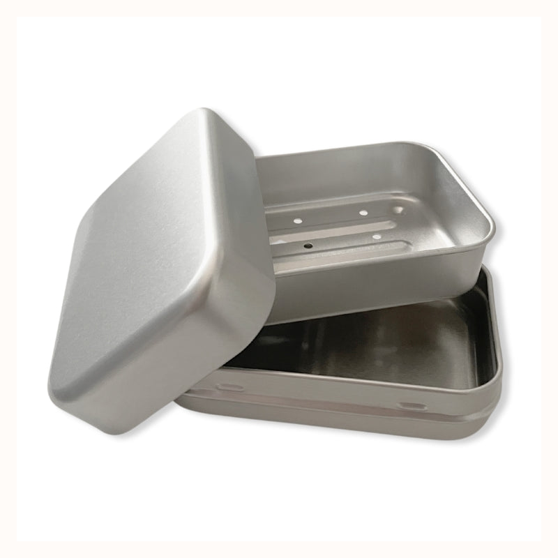 Aluminum Travel Soap Case, shown open with base, tray, and lid.