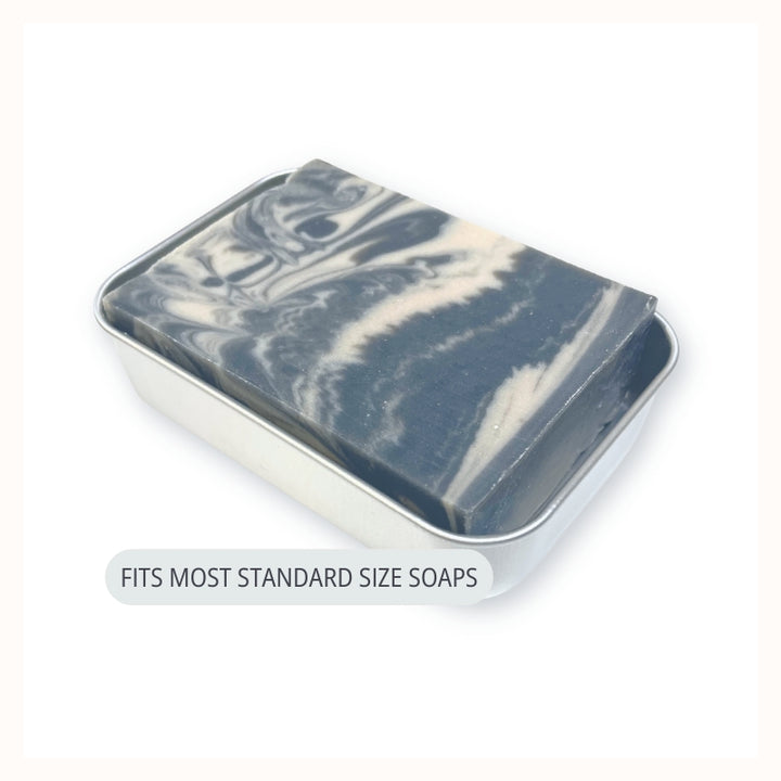 Aluminum Travel Soap Case, shown with standard size soap. (soap not included)