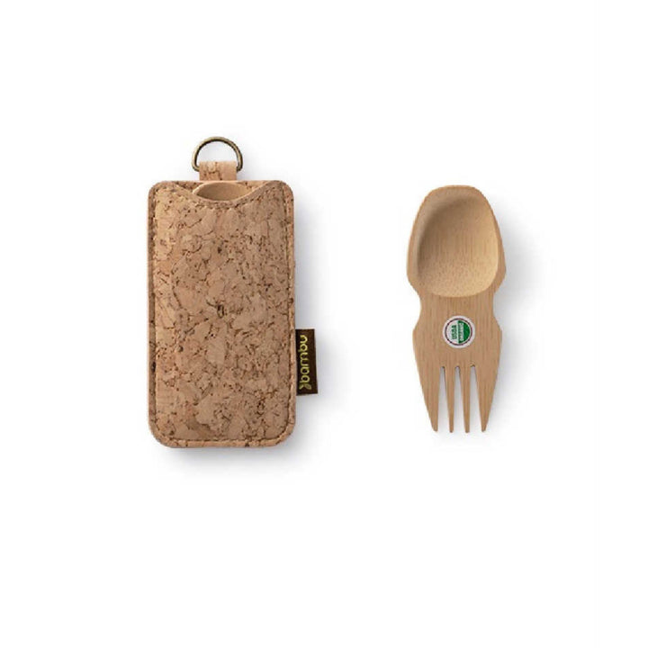 Bamboo spork on right and cork case, equipped with D-ring, on left.