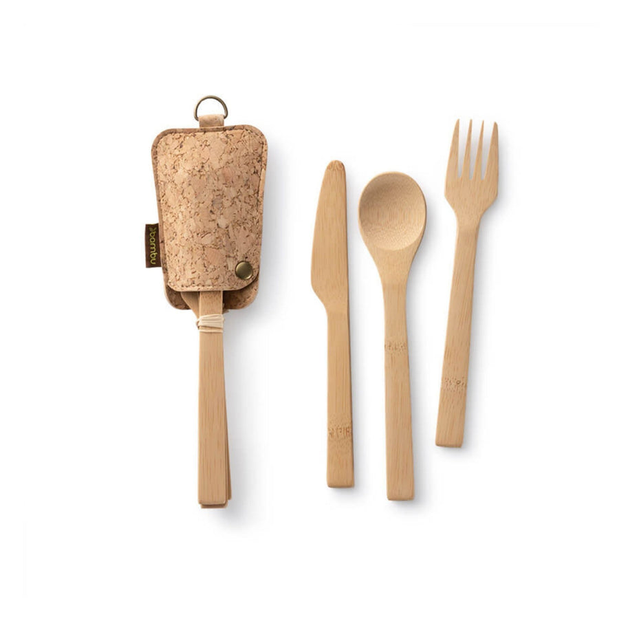 Bamboo utensil set, shown in cork sleeve with metal snap and D-ring for easy attachment and shown separately with knife, spoon, and fork.