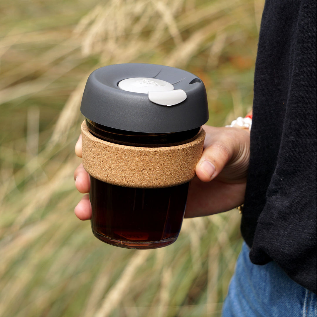 Reusable Glass Coffee Cup with Cork Band 12oz.