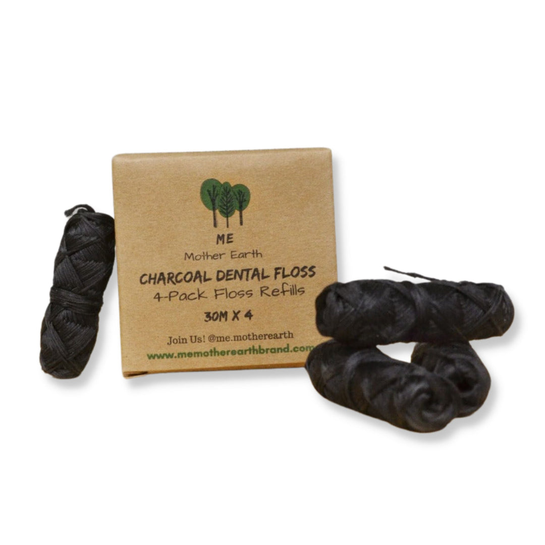 ME Mother Earth Charcoal Dental Floss 4-pack Refills with Recyclable and Compostable Packaging.