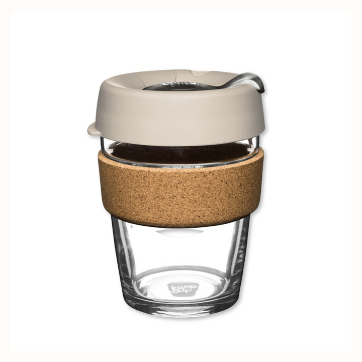 Glass Coffee Cup with Lid and Cork Band in Filter/Beige color.