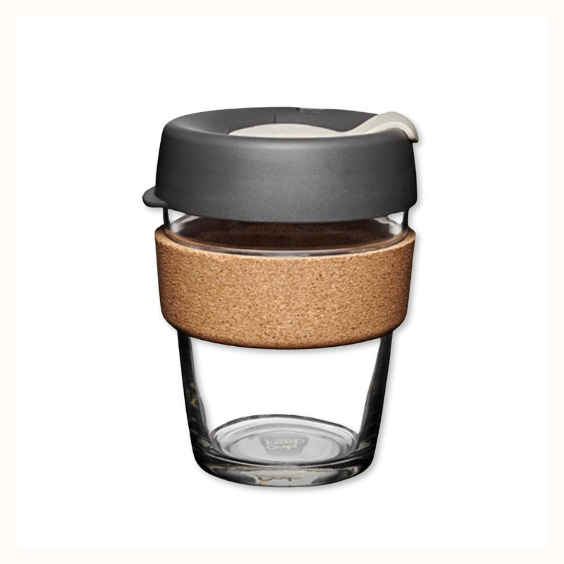 Glass Coffee Cup with Lid and Cork Band in Press/Charcoal color.