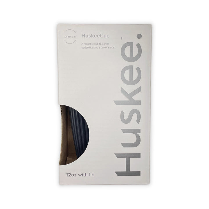 HuskeeCup and lid in charcoal color, 12 ounce size, in plastic-free packaging.