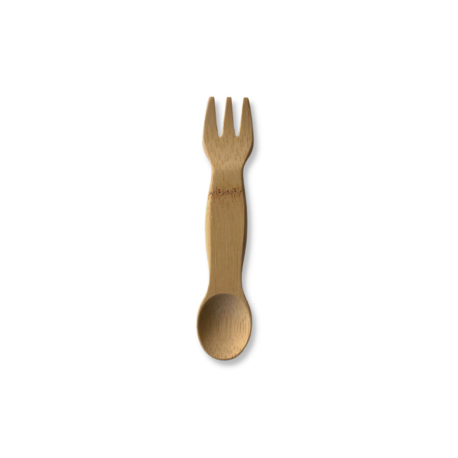 Kid's bamboo spork, for children ages 18 months and older, with fork part on top and spoon part on bottom of image. 