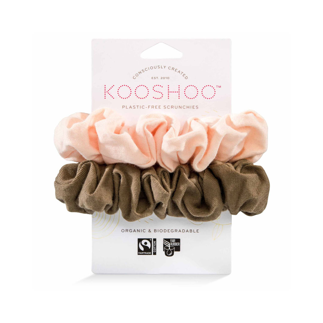 Two Hair scrunchies in Blush Walnut color combo in plastic-free packaging.