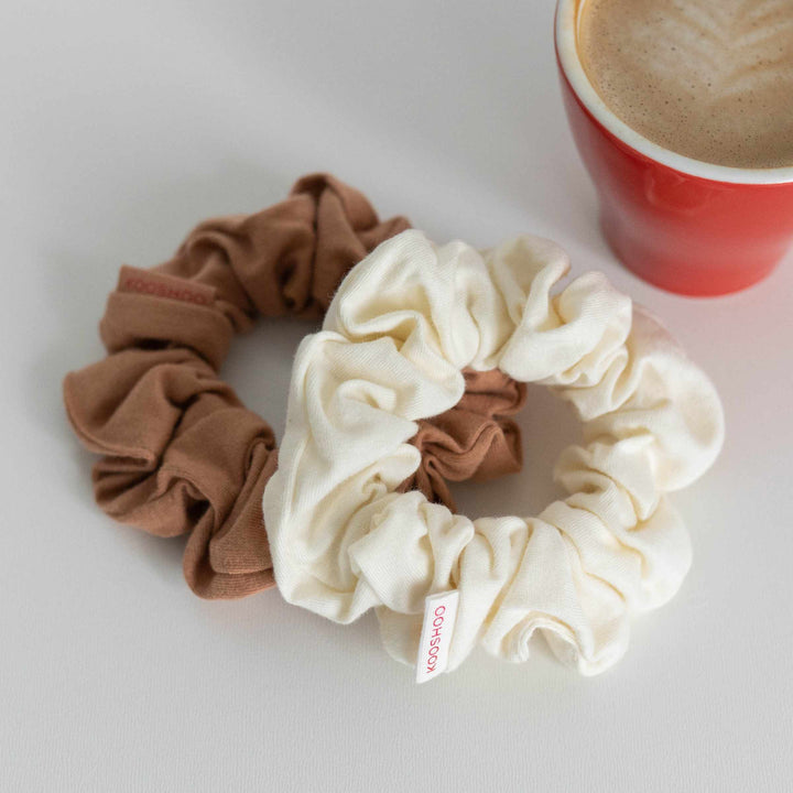 Cappuccino hair scrunchies with a coffee drink in red mug.