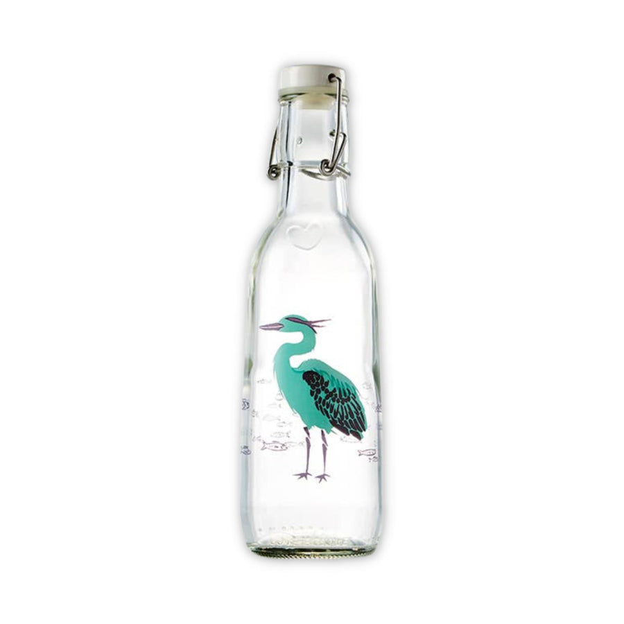 Love Bottle Clear glass bottle in Heron design featuring a Great Blue Heron in blue-green and black colors among several small fish.