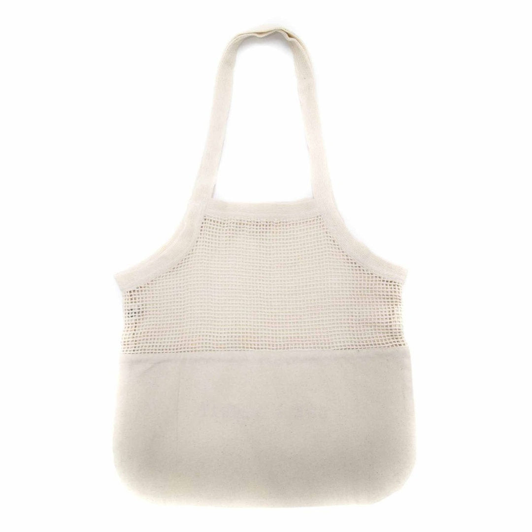 SOL + SPIRIT Organic Cotton Reusable Mesh And Canvas Sling Shopping Bag Laid Flat. Back Of Bag Without Logo Print.