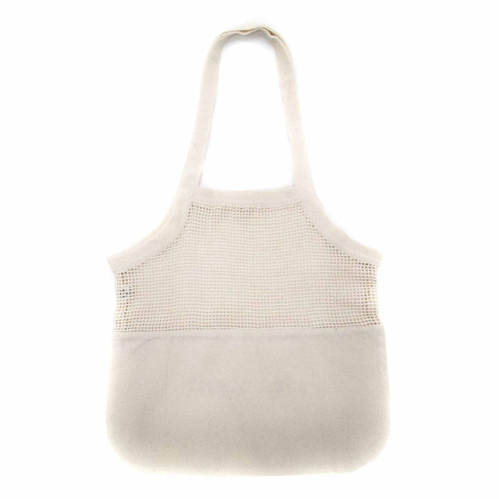 SOL + SPIRIT Organic Cotton Reusable Mesh And Canvas Sling Shopping Bag Laid Flat. Back Of Bag Without Logo Print.