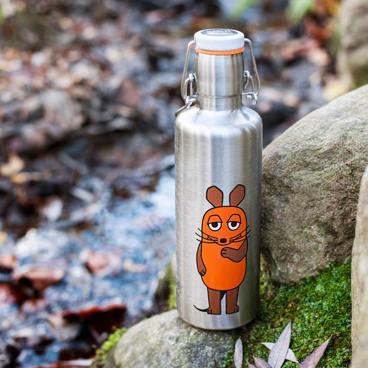 Soulbottles Insulated Stainless Steel Bottle - 20 Ounce in "The Adventure Mouse" Design. Set on rocks with stream in background.