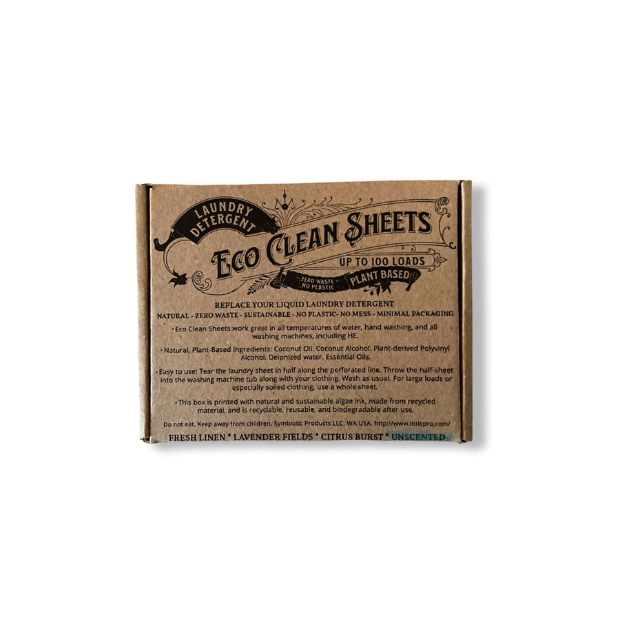 Eco Clean Sheets in 100% recycled box printed with algae ink.
