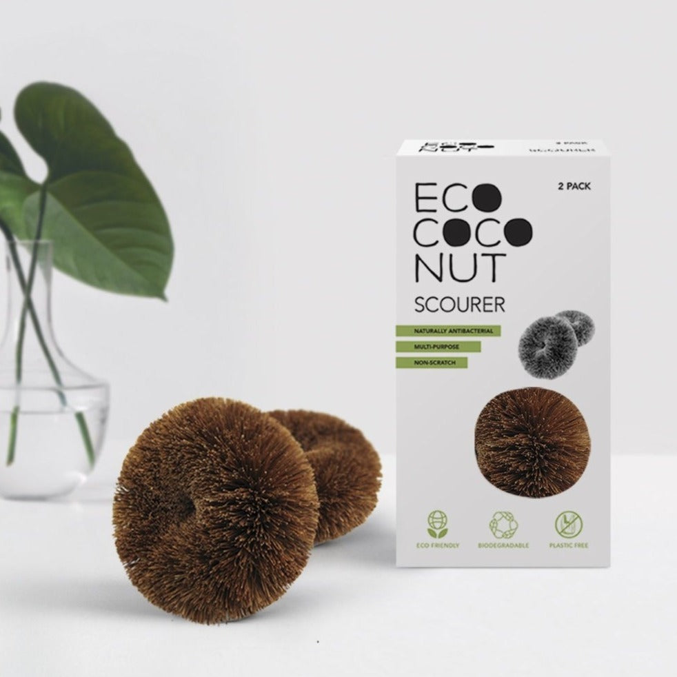 Coconut bristle scouring and scrubbing tools, shown with plastic-free packaging and plant stems in vase.