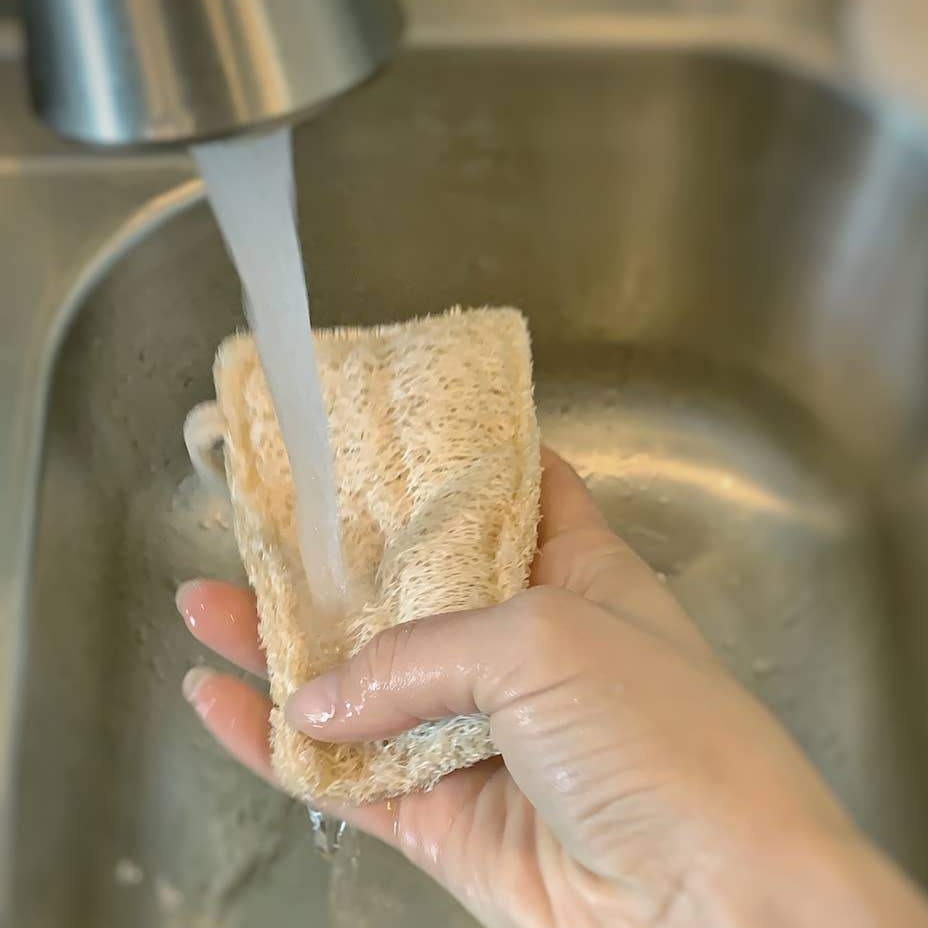 ME Mother Earth Loofah Dish Sponge Held Over Kitchen Sink, Under Running Water.