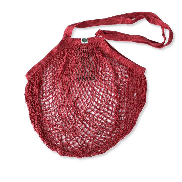 Ecobags String Bag in red-orange color on white background.