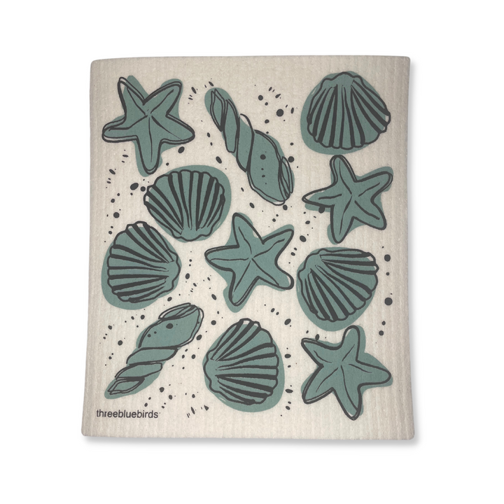 Three Bluebirds Swedish Dishcloth In Seashells Design On White Background.