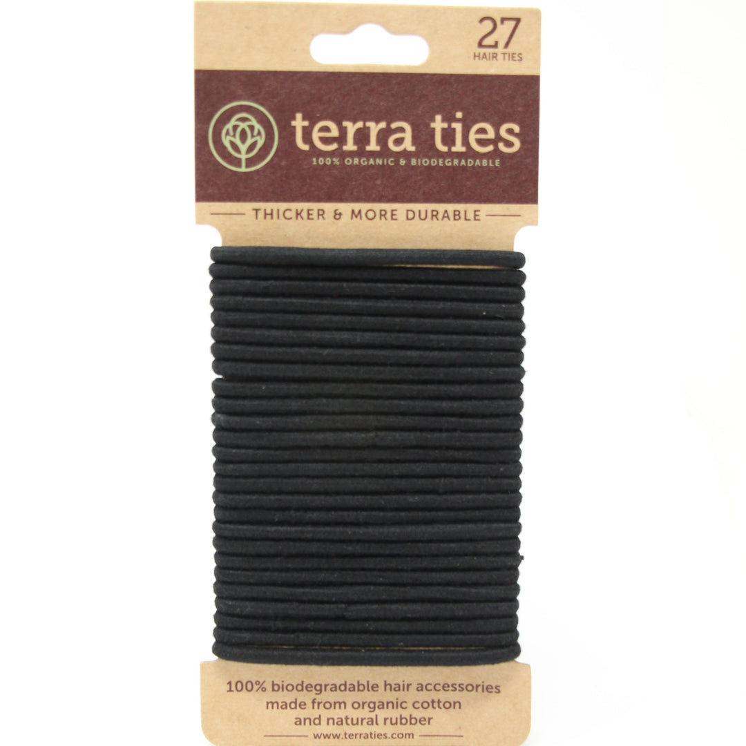 Terra Ties Plastic Free Hair Ties In Black Color. 27 Ties Per Pack On Paper Packaging.