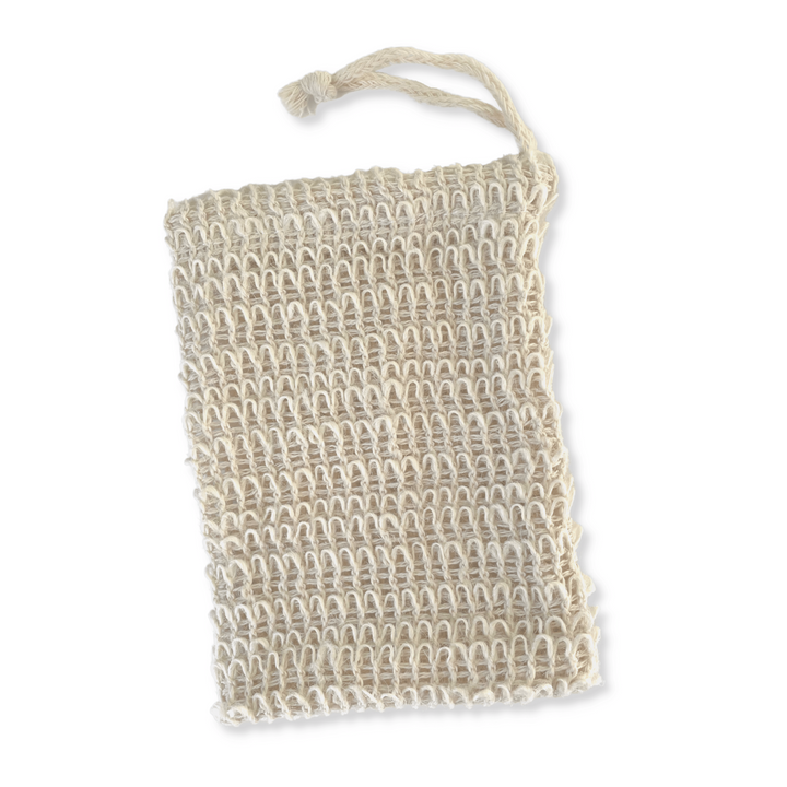 Agave Fiber Woven Soap Bag with drawstring on white background.