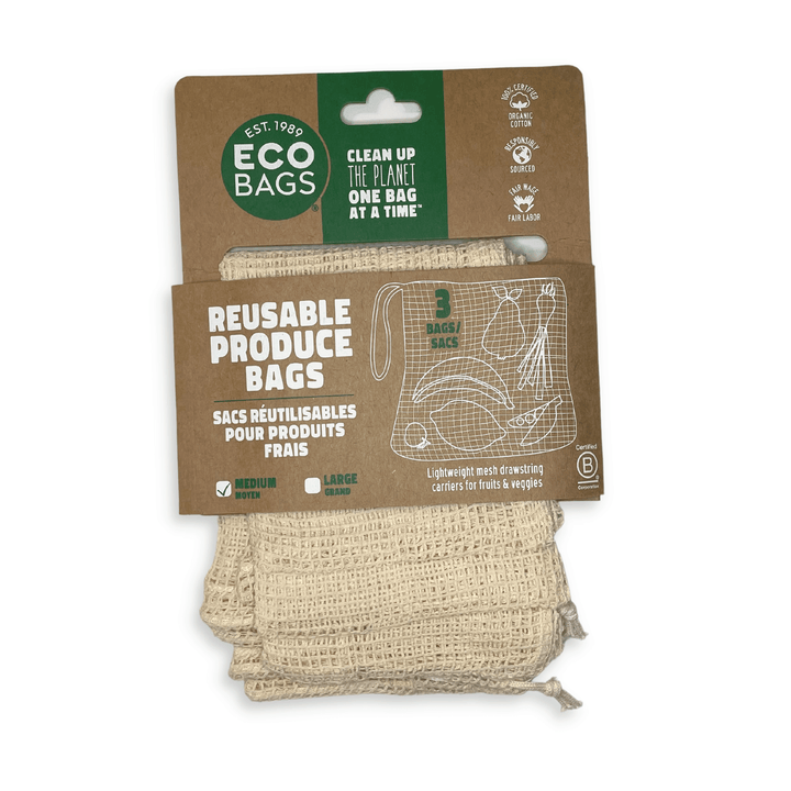 EcoBags plastic-free reusable produce bags - three pack, shown in paper packaging.