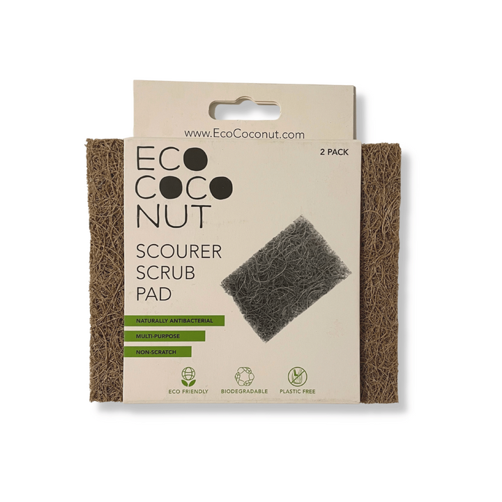 EcoCoconut Scourer Scrub Pad - 2 Pack, Shown in Plastic-Free Packaging.