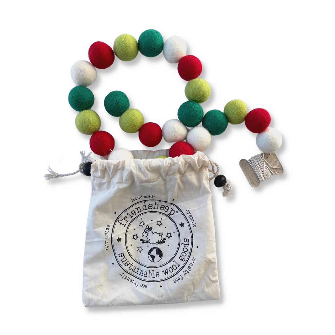 Friendsheep North Pole Eco Garland, in White, Red, Light Green, and Dark Green Colors. Show with Plastic-Free Packaging.