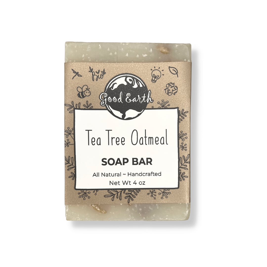 Good Earth Tea Tree Oatmeal Soap Bar In Simple Sleeve Packaging.