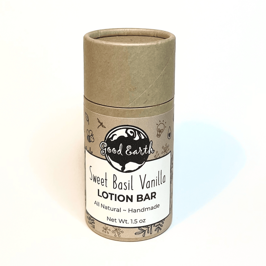 Good Earth Lotion Bar in Sweet Basil Vanilla Scent, Enclosed In Zero-Waste Cardboard Packaging.