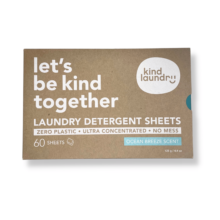 Kind Laundry Eco Friendly Detergent Sheets (Ocean Breeze Scent) in zero waste packaging on white background.