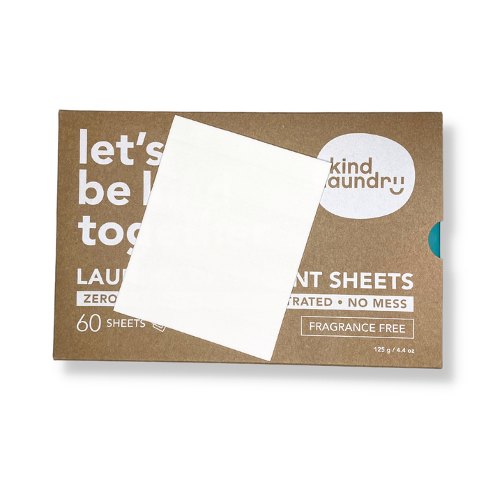 Kind Laundry Eco Friendly Detergent Sheets (Fragrance Free) In Zero Waste Packaging, With 1 Sheet Atop Box.