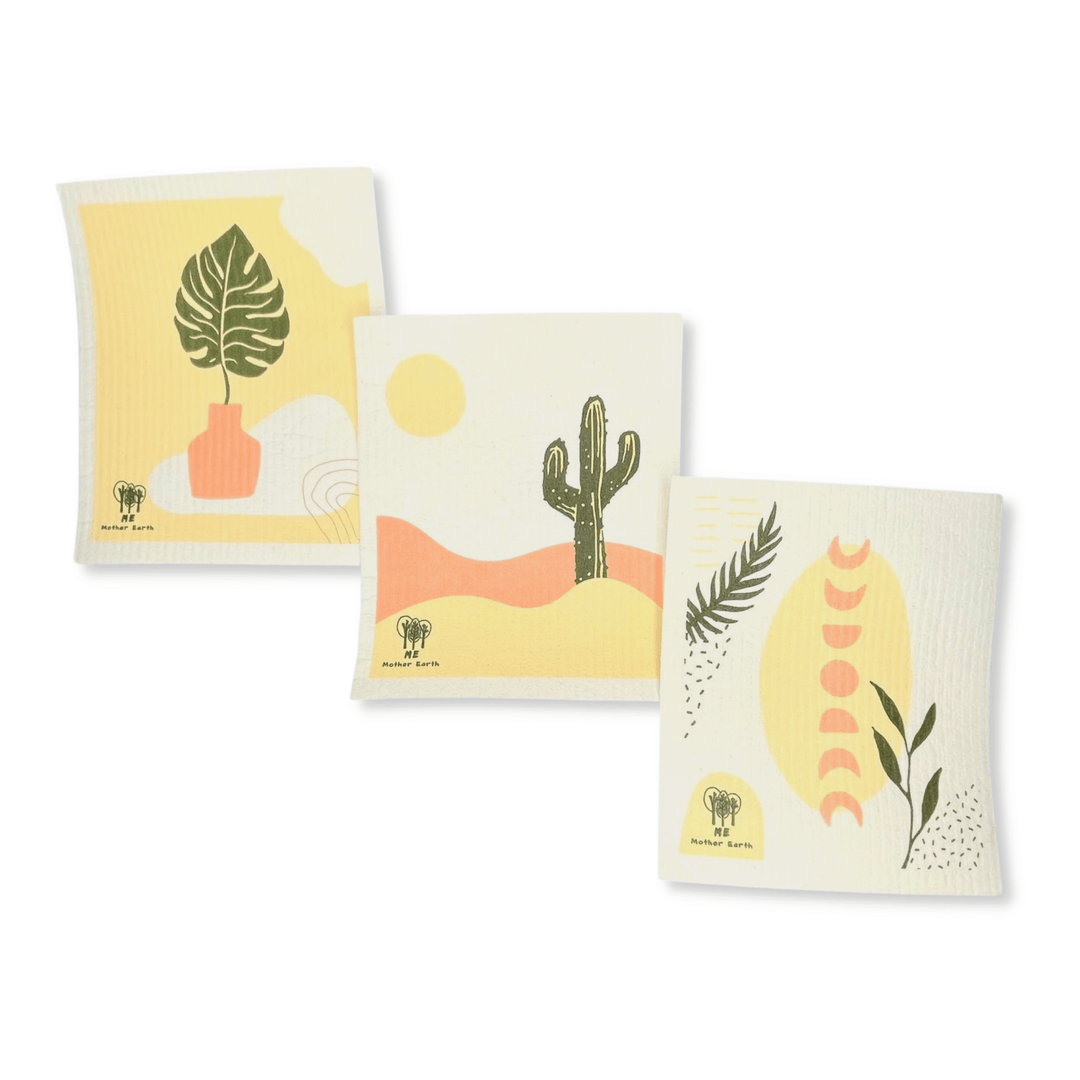 ME Mother Earth Swedish Cloths in Plant, Cactus, and Moon Phase Designs on White Background.