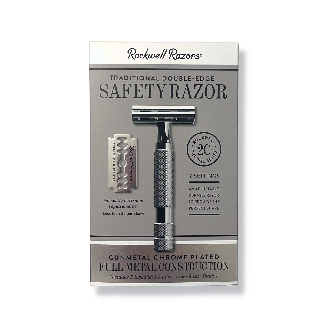 Rockwell Razors 2C Double Edge Safety Razor in Gunmetal Chrome Finish, Shown in Packaging.