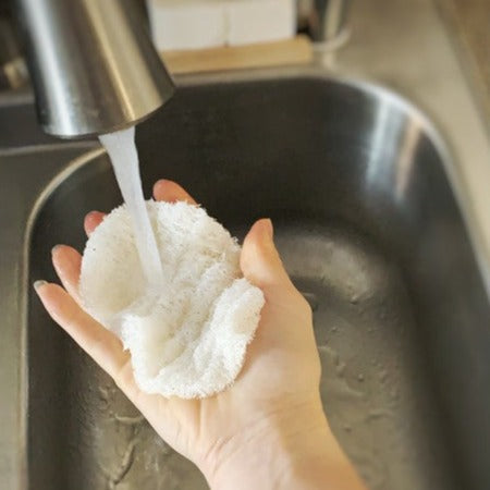 ME Mother Earth Eco Dish Sponge Three Pack. 100% Biodegradable Loofah In Use At Kitchen Sink.